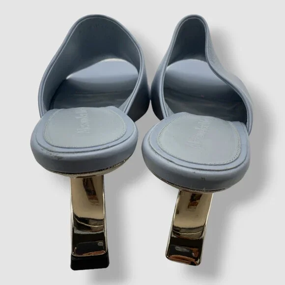 $990 Alexander McQueen Women's Blue Arc Calfskin Wedge Mule Sandal Shoes 40.5